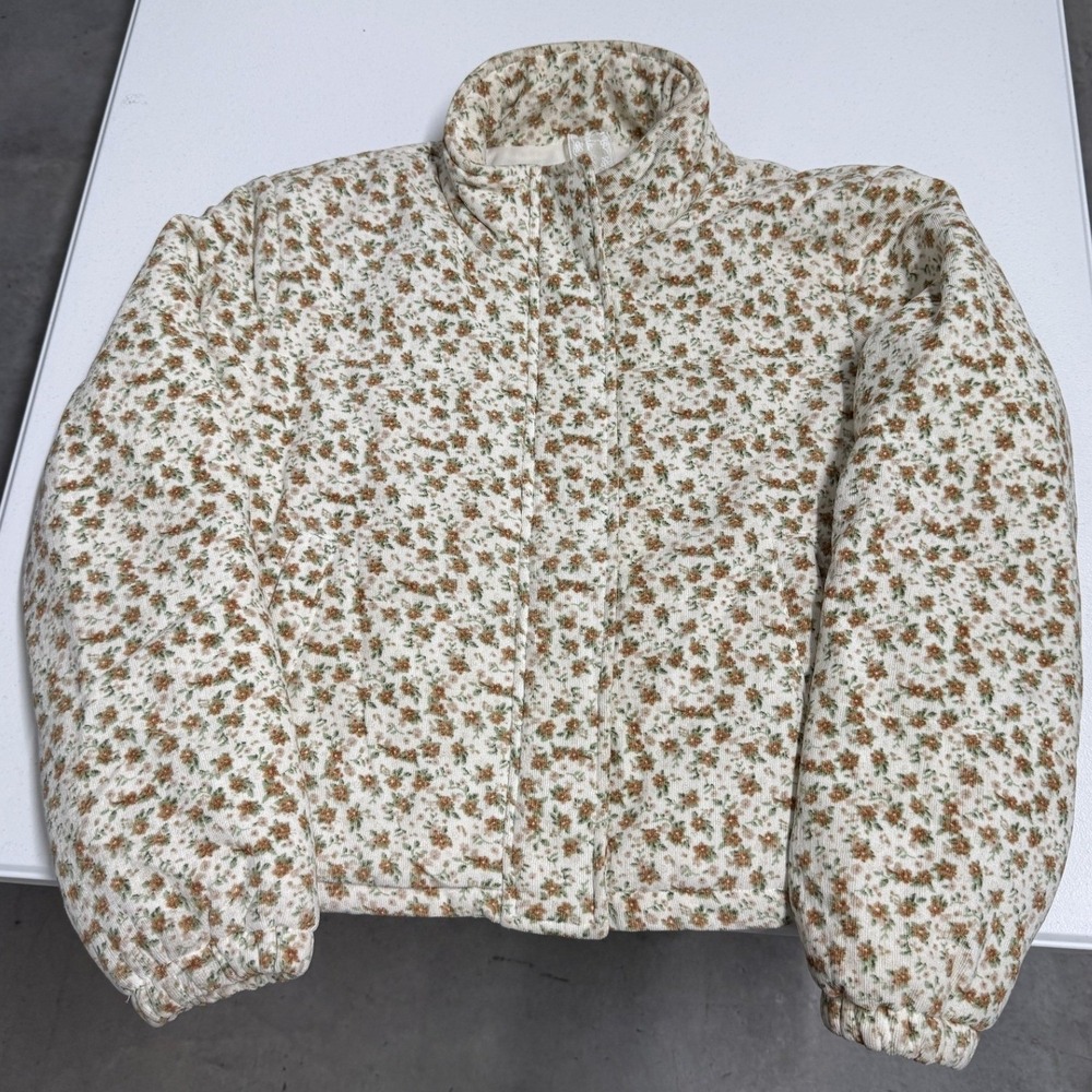 Sadie & Sage Corduroy Floral Puffer Jacket Womens M Ivory Brown Quilted